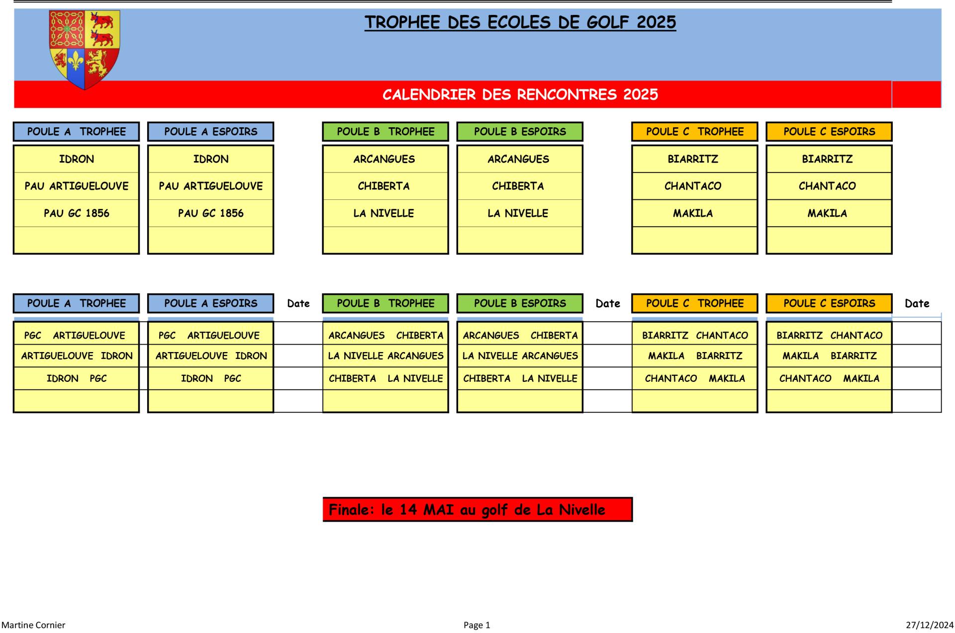 Calendrier trophee ecole de golf et espoirs 2025